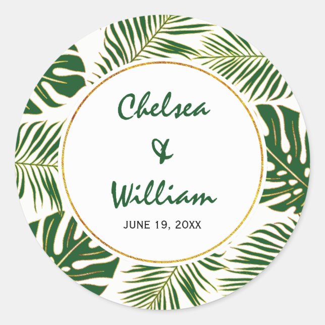 Tropical leaves green gold Save the Date wedding Classic Round Sticker (Front)