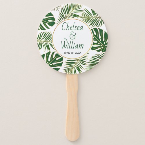 Tropical leaves green gold wedding round hand fan