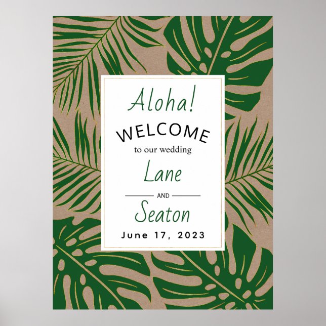 Tropical leaves green, gold wedding welcome sign (Front)