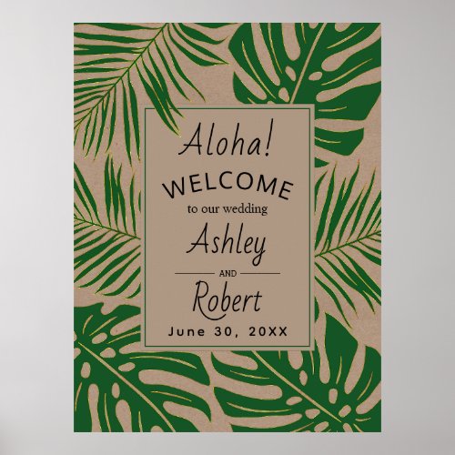Tropical leaves green gold wedding welcome sign