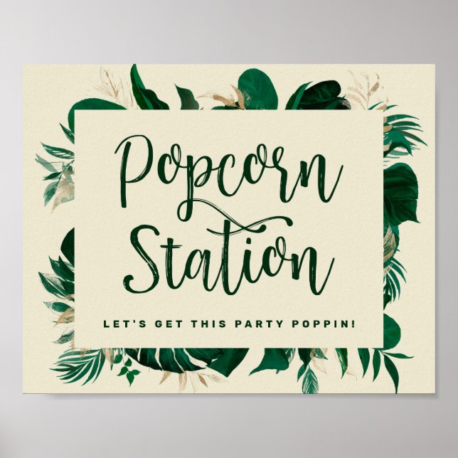 Tropical Leaves Green Popcorn Station Wedding Sign (Front)