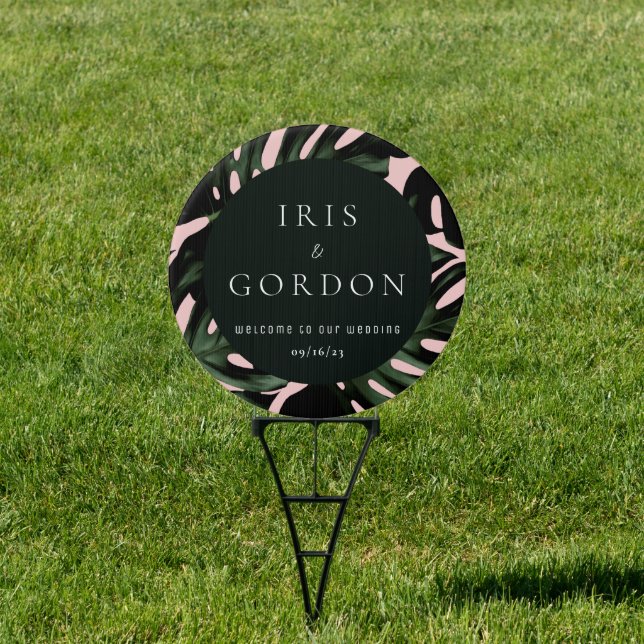 Tropical Leaves Green Rose Wedding Sign (Insitu)