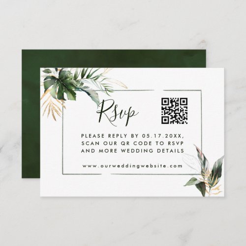 Tropical Leaves Green Wedding RSVP with QR Code Enclosure Card