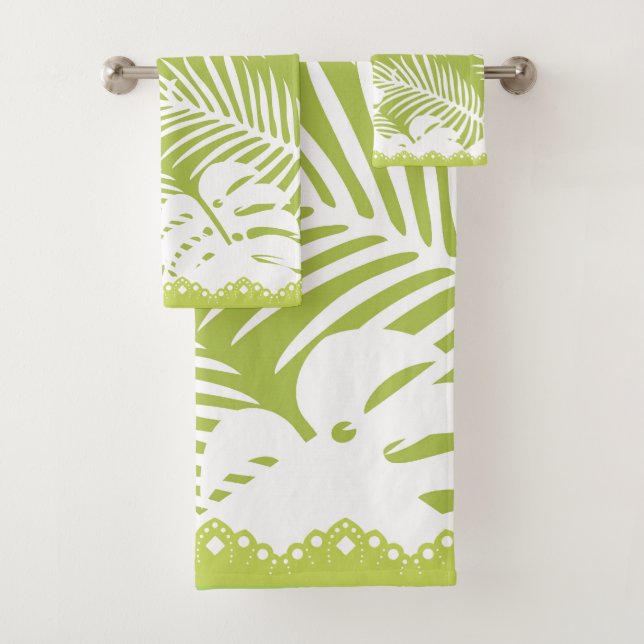 Tropical Leaves Green White Fancy Trim Bath Towel Set (Insitu)