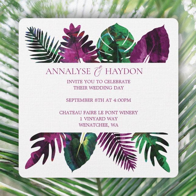 Tropical Leaves Green, Wild Berry Pink Wedding Invitation (tropical wild berry pink violet wedding invitations, green monstera, ferns, coastal theme)