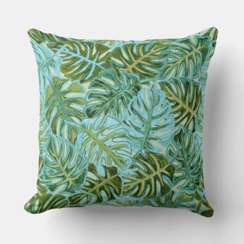 Tropical Leaves Green With Aqua Throw Pillow