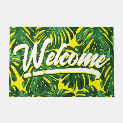 Tropical Leaves Green Yellow Welcome  Doormat