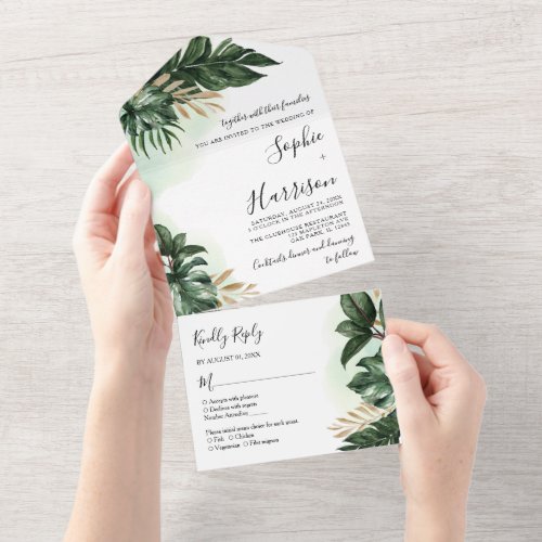 Tropical  Leaves Greenery And Gold Wedding All In One Invitation