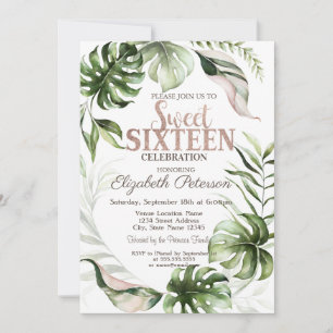 Tropical Leaves Greenery Sweet 16 Birthday Invitation
