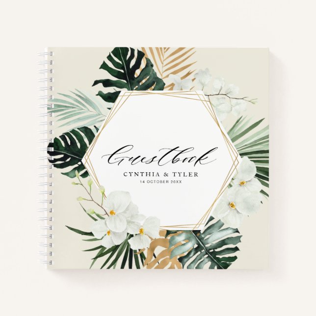 tropical leaves greenery wedding guestbook notebook (Front)