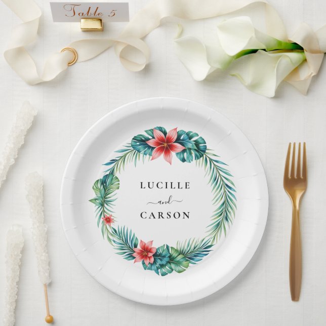 Tropical Leaves Greenery Wreath Garden  Wedding Paper Plates (Wedding)