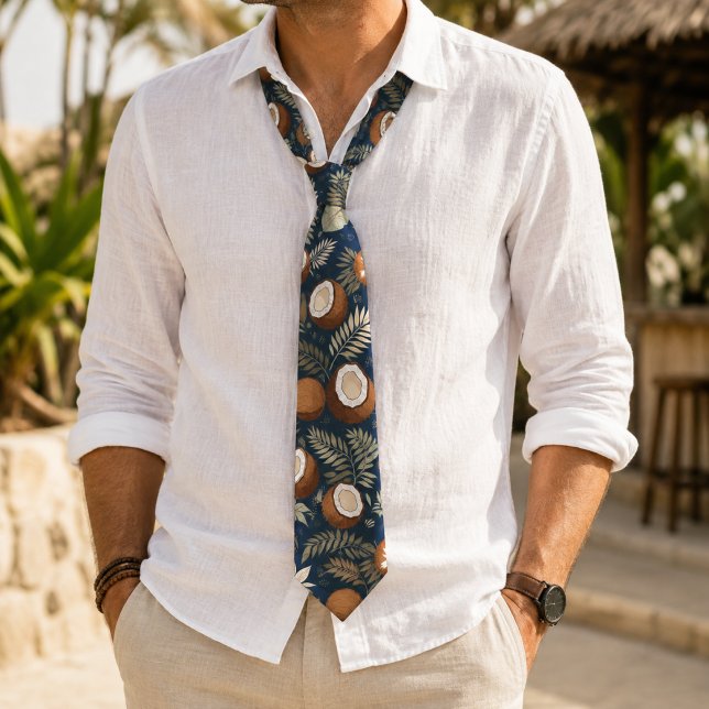 Tropical Leaves & Halved Coconuts Pattern Neck Tie (Creator Uploaded)