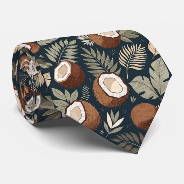 Tropical Leaves & Halved Coconuts Pattern Neck Tie (Rolled)