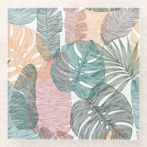 Tropical leaves hand_drawn vintage pattern glass coaster