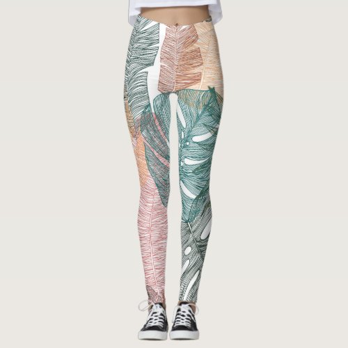 Tropical leaves hand_drawn vintage pattern leggings