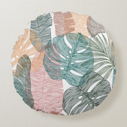 Tropical leaves hand_drawn vintage pattern round pillow