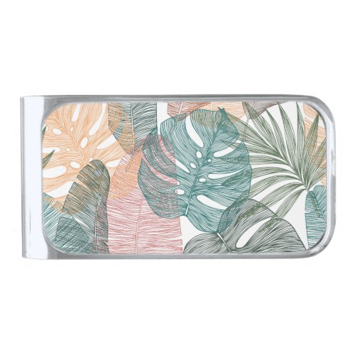 Tropical leaves hand_drawn vintage pattern silver finish money clip