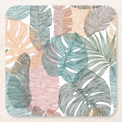 Tropical leaves hand_drawn vintage pattern square paper coaster