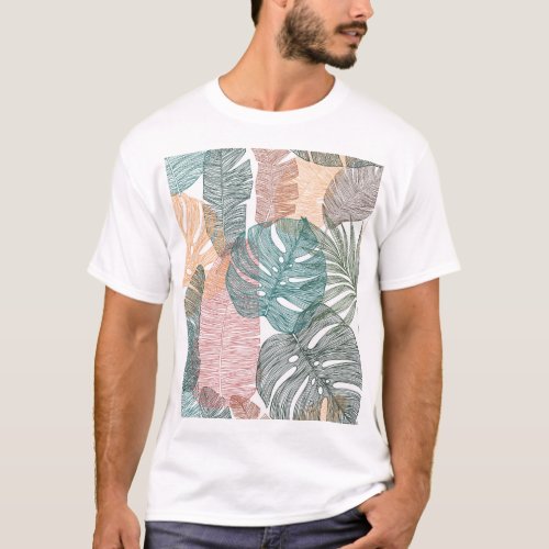 Tropical leaves hand_drawn vintage pattern T_Shirt