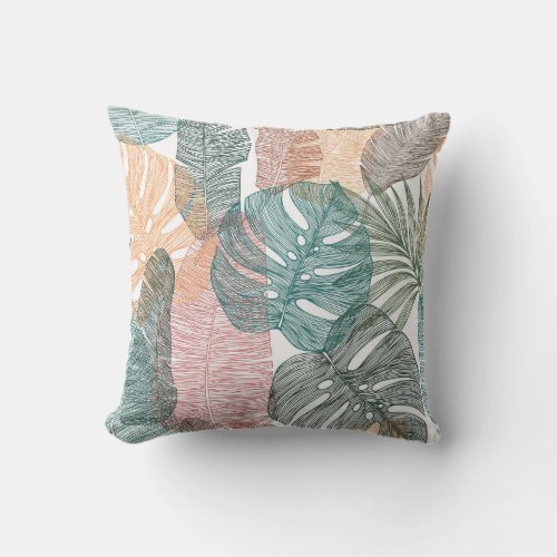 Tropical leaves hand_drawn vintage pattern throw pillow