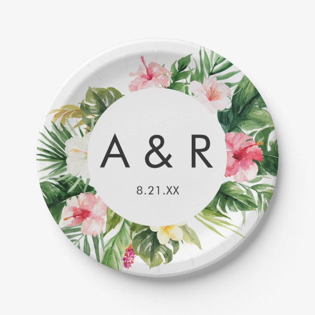 Tropical Leaves Hawaii Wedding Monogram  Paper Plates (Front)