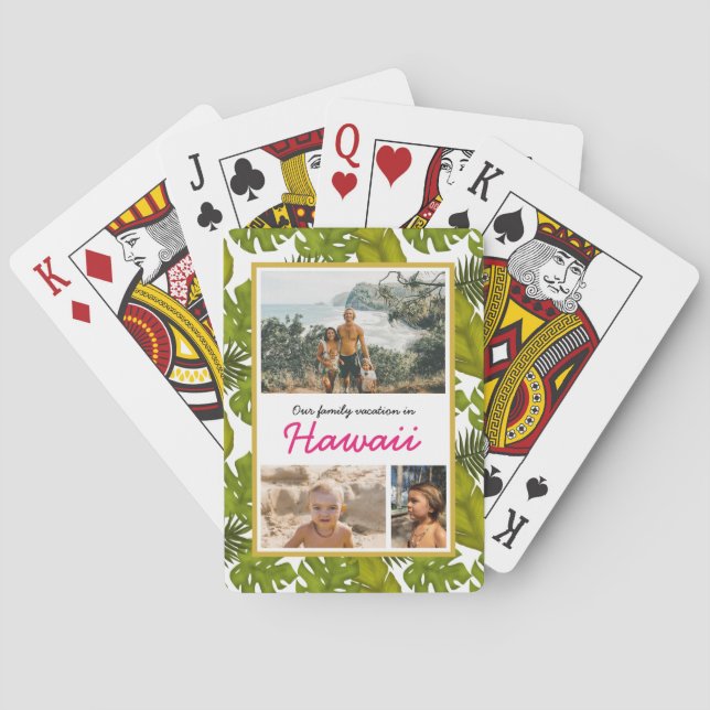 Tropical Leaves Hawaiian Family Vacation Photo Poker Cards (Back)