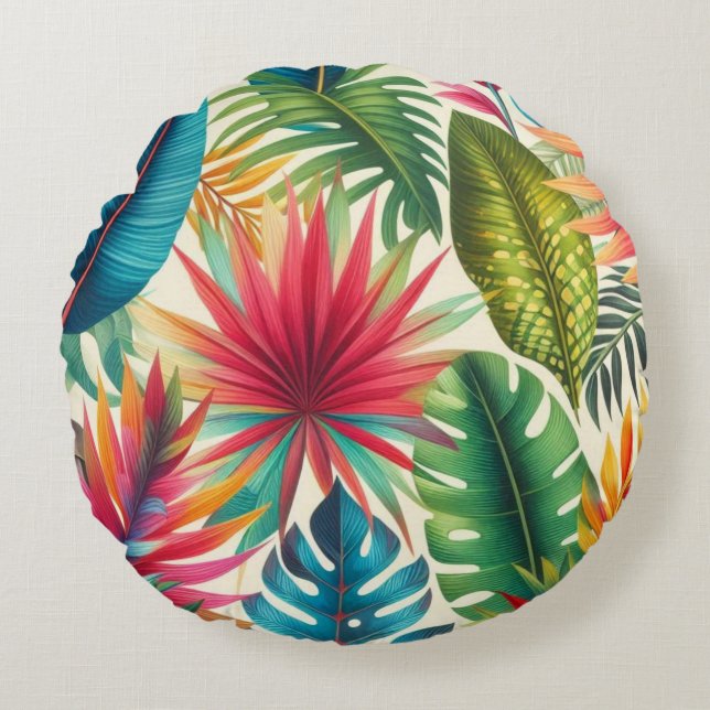 Tropical Leaves Hawaiian Pattern Round Pillow (Front)