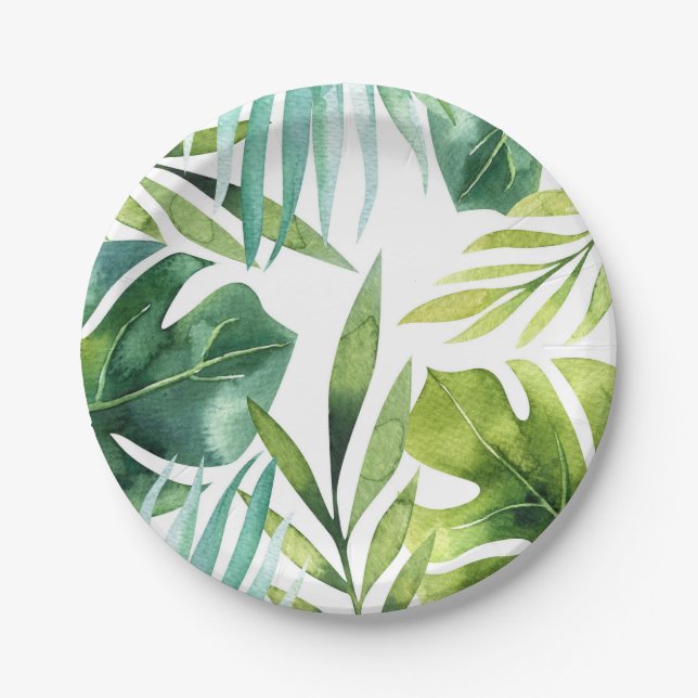 Tropical Leaves Hawaiian Summer Party Wedding Paper Plates (Front)