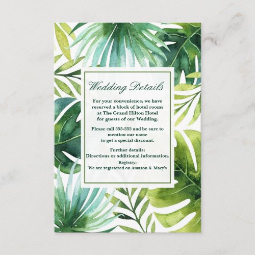 Tropical Leaves Hawaiian Summer Wedding Details Enclosure Card