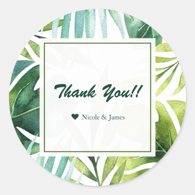 Tropical Leaves Hawaiian Summer Wedding Favor Classic Round Sticker (Front)