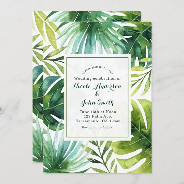 Tropical Leaves Hawaiian Summer Wedding Invitation (Front/Back)