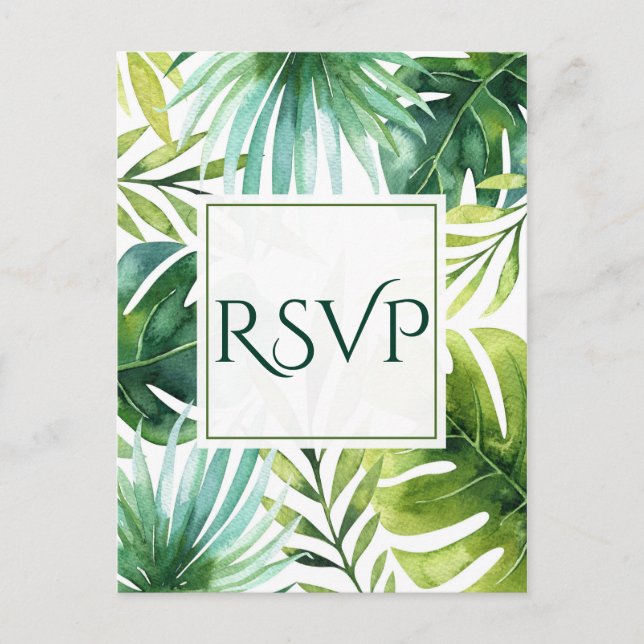 Tropical Leaves Hawaiian Summer Wedding RSVP Invitation Postcard (Front)