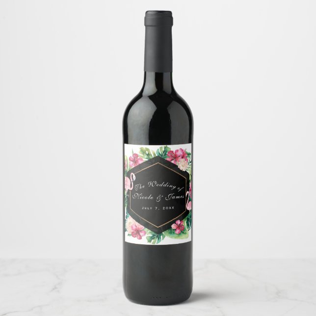Tropical Leaves Hibiscus Flamingo Wedding Wine Wine Label (Front)