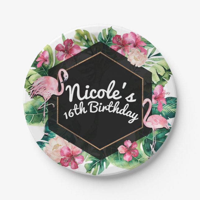 Tropical Leaves Hibiscus Flamingos Elegant Party Paper Plates (Front)
