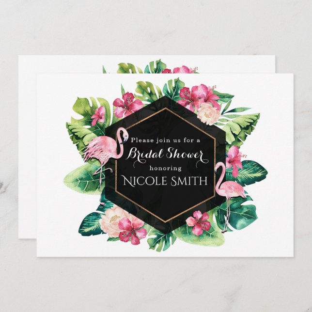 Tropical Leaves Hibiscus Flamingos Invitations (Front/Back)