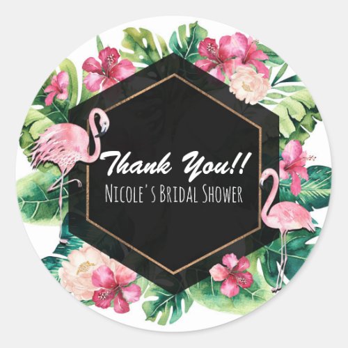 Tropical Leaves Hibiscus Flamingos Party Favor Classic Round Sticker