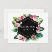 Tropical Leaves Hibiscus Flamingos Save the Date Announcement Postcard (Front/Back)