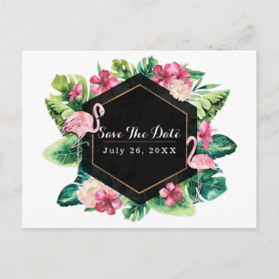Tropical Leaves Hibiscus Flamingos Save the Date Announcement Postcard