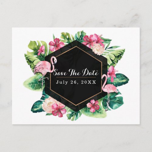 Tropical Leaves Hibiscus Flamingos Save the Date Announcement Postcard