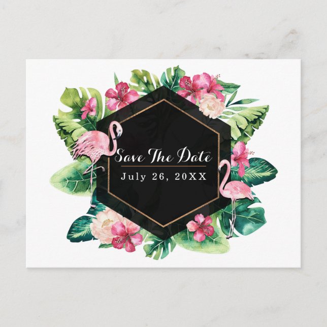 Tropical Leaves Hibiscus Flamingos Save the Date Announcement Postcard (Front)