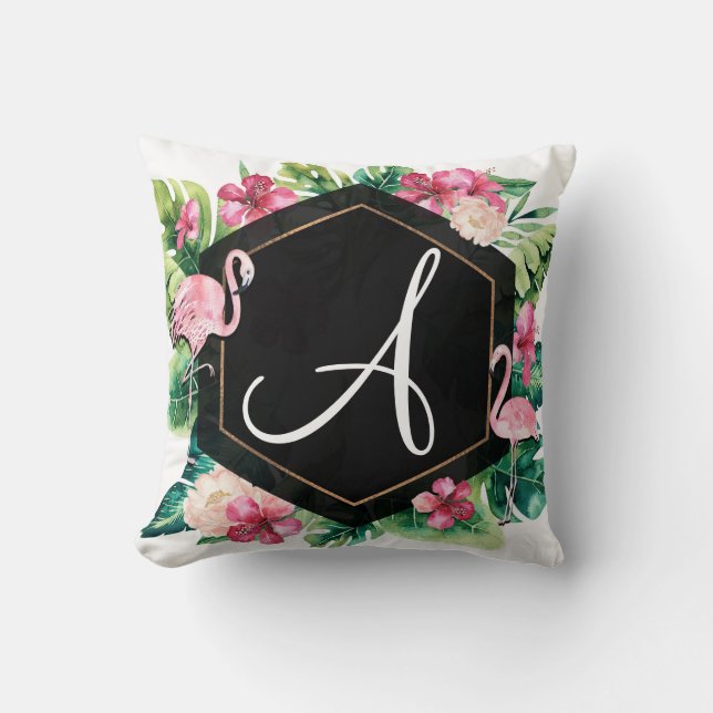 Tropical Leaves Hibiscus Flamingos Summer Chic Throw Pillow (Front)