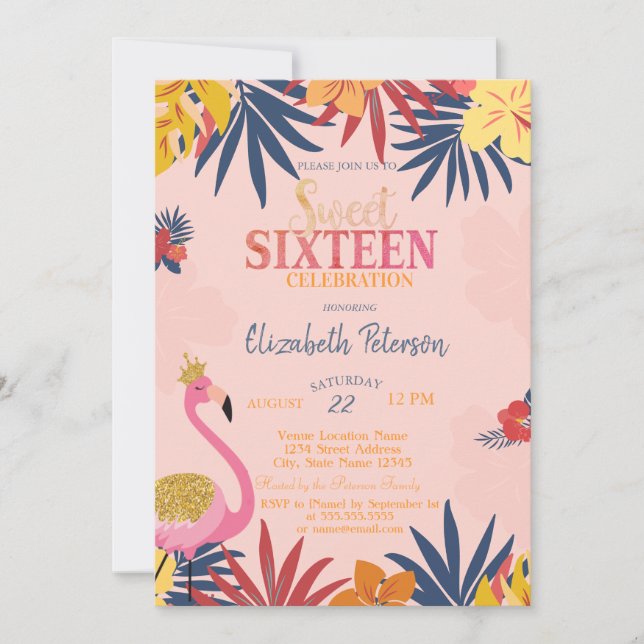 Tropical Leaves Hibiscus Flamingos Sweet 16   Invitation (Front)