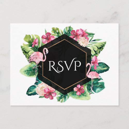 Tropical Leaves Hibiscus Flamingos Wedding RSVP Invitation Postcard