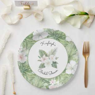 Tropical Leaves Hibiscus Floral Bridal Shower Paper Plates