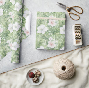 Tropical Leaves Hibiscus Floral Bridal Shower Wrapping Paper
