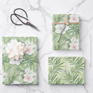Tropical Leaves Hibiscus Floral Bridal Shower Wrapping Paper Sheets
