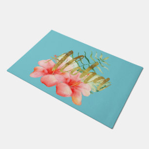 Tropical Leaves Hibiscus Floral Watercolor Aloha Doormat