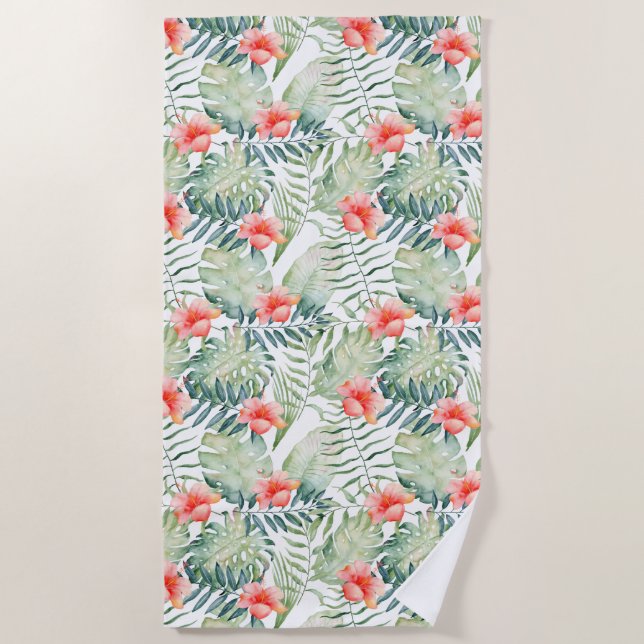 Tropical Leaves Hibiscus Floral Watercolor Beach Towel (Front)