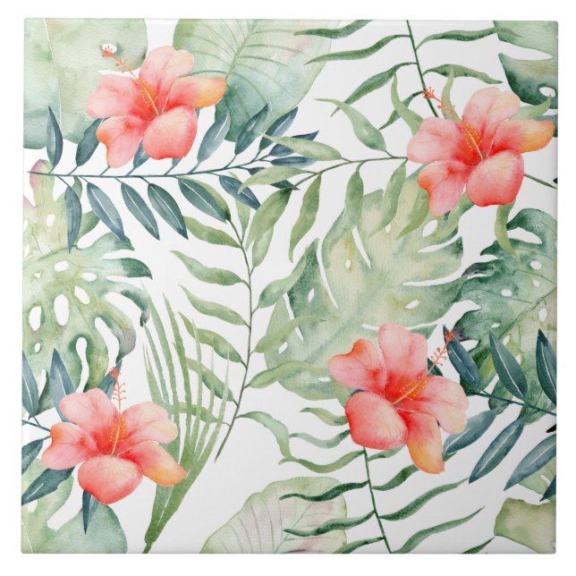 Tropical Leaves Hibiscus Floral Watercolor Ceramic Tile (Front)