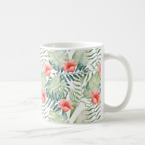 Tropical Leaves Hibiscus Floral Watercolor Coffee Mug